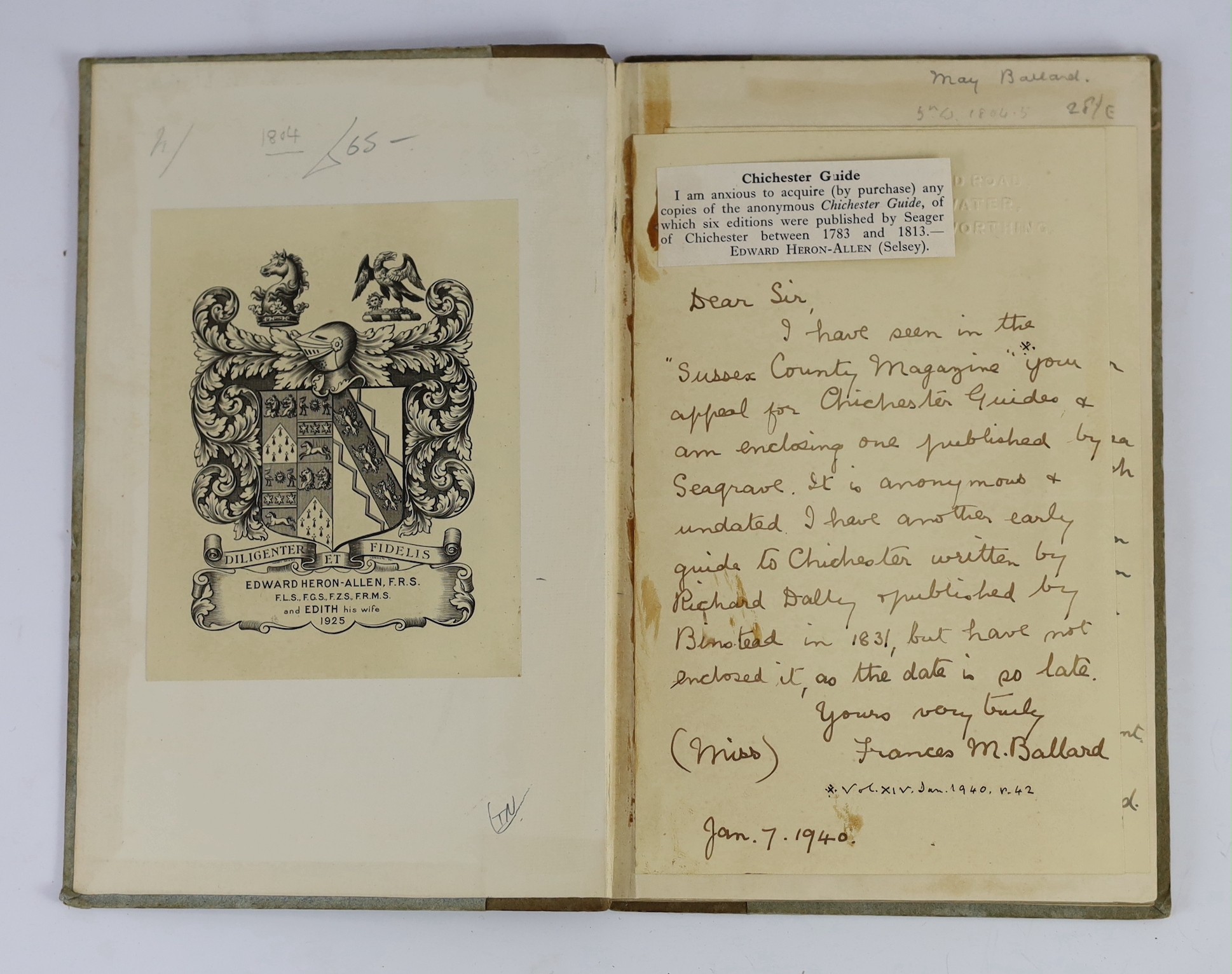 CHICHESTER: The Chichester Guide and Directory, with extensive memorandums relative to Bognor, Littlehampton, Petworth ... new edition. frontis and pictorial title vignette; old paper boards, sm.8vo. Chichester: printed